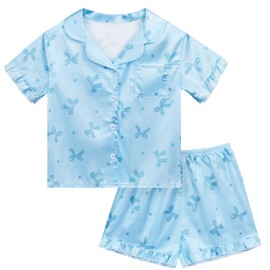 MHJY Toddler Girls Pajama Set Silk Satin Girls Pajamas Short Sleeve Button-Up Top Pajamas for Kids Blue