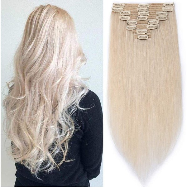 Clip-In Real Hair Extensions 8-Piece Set Double Weft Hair Extensions 100% Remy Hair for Full Head White Bleach #70-1 50 cm (150 g)