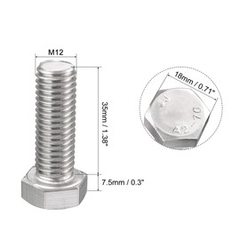 sourcing map M12 Hex Bolt M12-1.75 x 35mm 304 Stainless Steel 4.8 Grade Fully Threaded Hexagonal Head Screw Bolts 4pcs