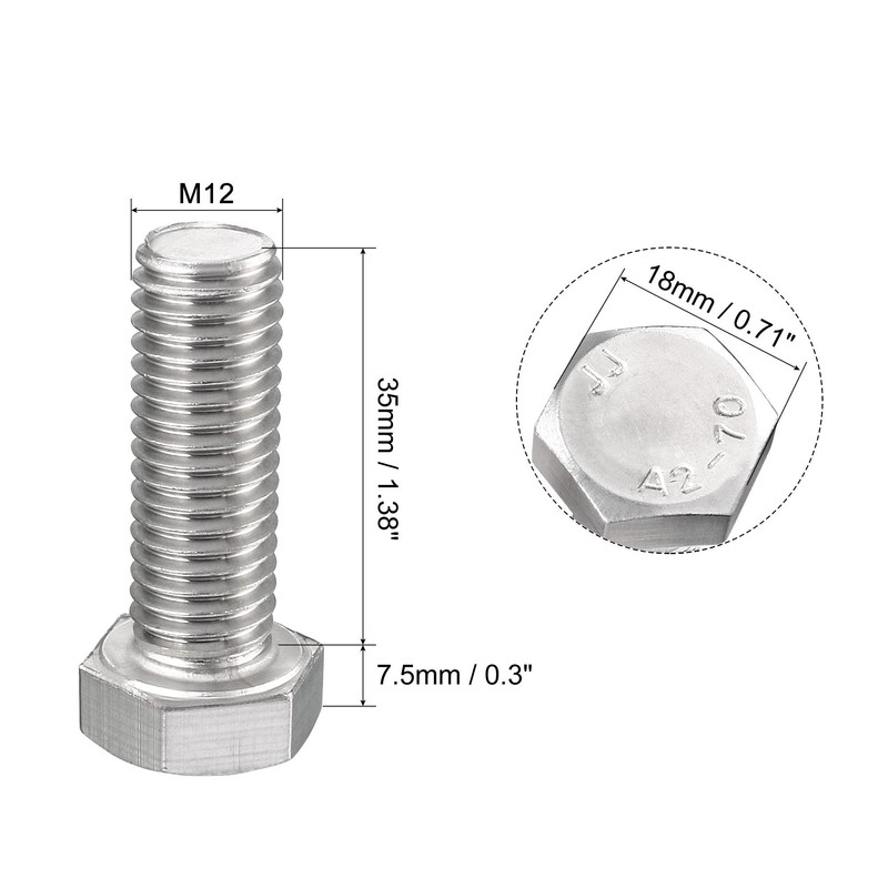 sourcing map M12 Hex Bolt M12-1.75 x 35mm 304 Stainless