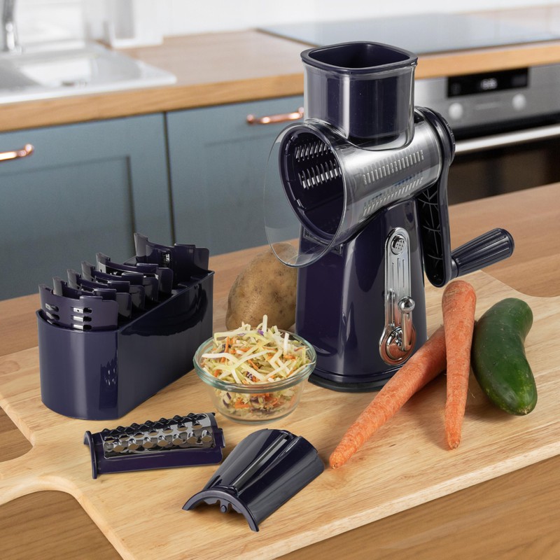 5-in-1 Rotary Cheese Grater with Handle – Stainless Steel Blades,
