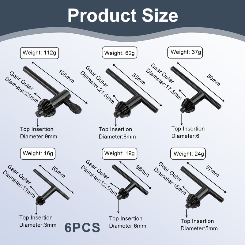 6 Pieces Universal Chuck Keys for Drills, Drill Chuck Key