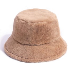 Women Winter Bucket Hat Faux Fur Plush Fisherman Cap Warm Soft Hat Khaki