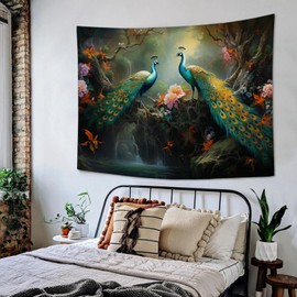 Peacock Tapestry Large Floral Peacocks Tapestry Wall Hanging for Bedroom Flower Bird Tapestries Wall Decor for Home Office Dorm Living Room 60"x90"