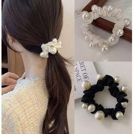 [VOKLLIYU] Hair Rubber Scrunchie Pearl Hair Rubber Set of 2 Hair Rings Pearlescent and Ribbon Decoration, Adult, Scrunchy, Stylish, Hair Accessory, Elegant, Everyday Use, Commuting, Dating, Stylish