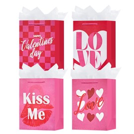 OFIHANLY 4 Pack 9" Small Size Valentine's Day Gift Bags with Handles for Women Her Pink Love Paper Gift Wrap Bags with Tissue Paper for Kids