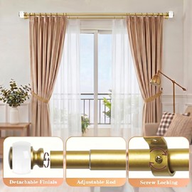 Brushed Gold Double Curtain Rods for Windows 24-68 Inches, Adjustable 36-72 Inch Long Decorative Curtain Rod with Acrylic Finials, 1-1/8 Inch Heavy Duty Window Drapery Rods for Bedroom, Easy Install
