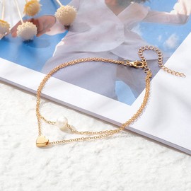 Handcess Boho Heart Anklets Gold Pearls Ankle Bracelets Layered Beach Foot Chain for Women and Girls