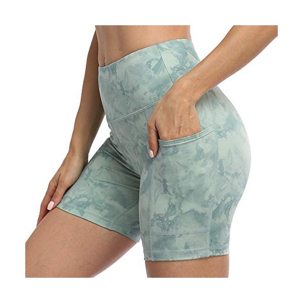 RAYPOSE Yoga Tie Dye Shorts for Women Workout Print Tummy Control Shorts Biker High Waist Shorts with Pockets 5” Dark Seagreen-XL