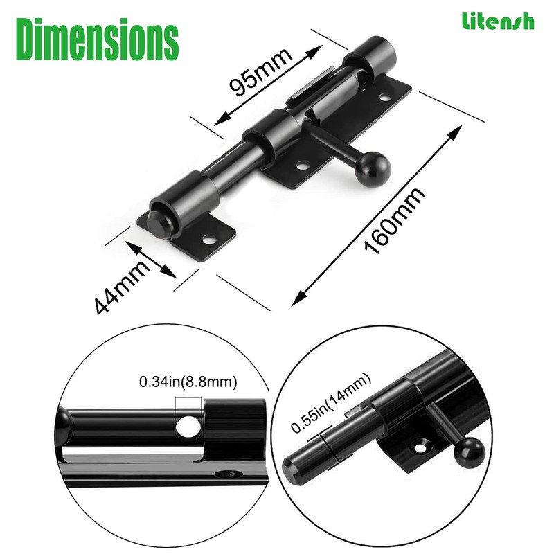 Litensh 160 Lockable Door Bolt Bolt with Padlock Hole, 304