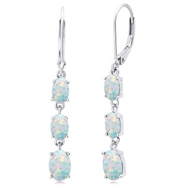 MAX + STONE 925 Sterling Silver Created Opal Oval Dangle Earrings for Women with Leverbacks and 1.5 inch October Birthstones