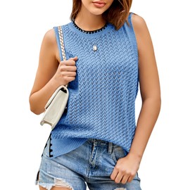 Saodimallsu - Suéter de punto sin mangas para mujer, diseño de ganchillo con bloques de color cosidos, cuello redondo, recortado casual, Azul, Large