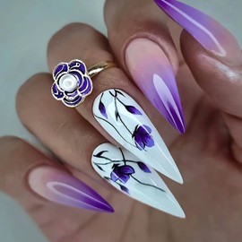 Long Press on Nails almond Nails Tips Fake Nails, Full Cover Reusable Coffin Artificial Acrylic Gradient Purple False Nails with Orchid Patterns Design, Women DIY Glue on Nails Manicure for Set