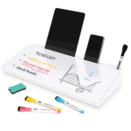 DOLLAR BOSS Glass Desk Whiteboard Small Dry Erase Board Desktop White Board with Storage Drawer Computer Keyboard Stand Desk Organizer Office Accessories Back to School Supplies with 4 Markers, White