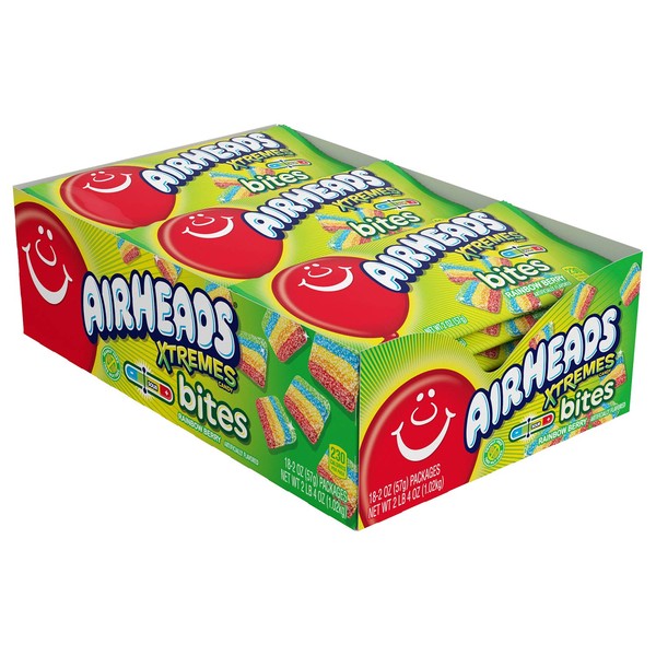 Airheads Candy, Xtremes Bites Sweet and Sour, Rainbow Berry, Party, Concessions, Office, Non Melting, 2 Ounce (Bulk Pack of 18)
