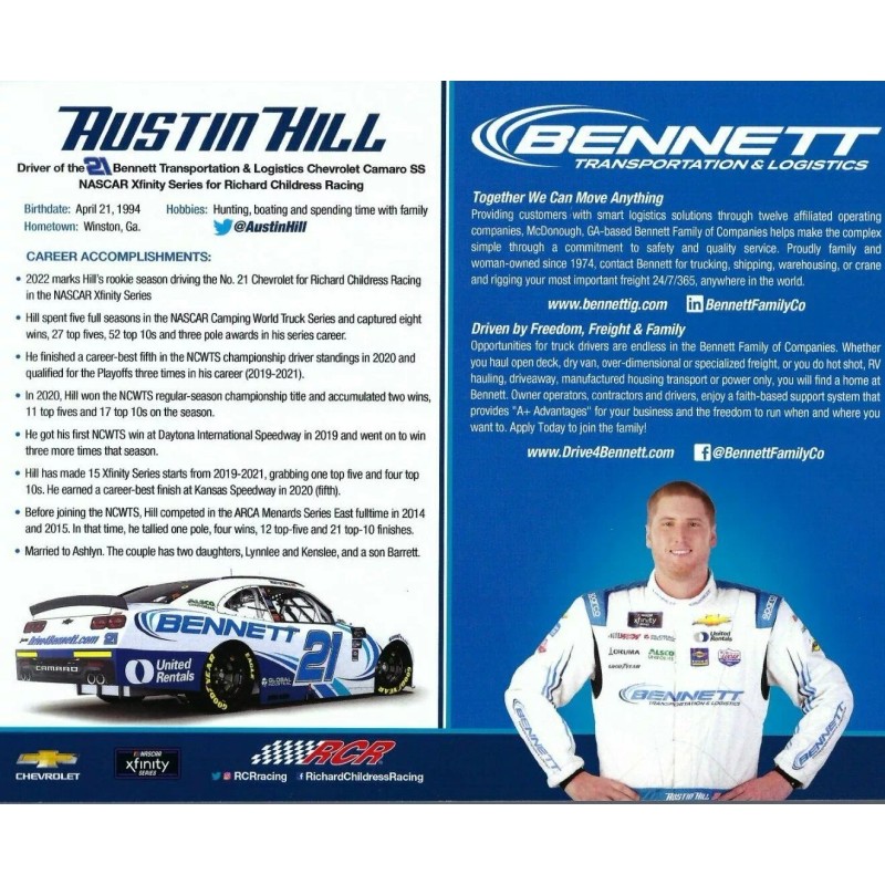 Chase 2022 AUSTIN HILL “BENNETT TRANSPORTATION” #21 NASCAR XFINITY SERIES