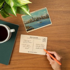 New York City, New York, View of the Brooklyn Bridge and the NYC Skyline, Vintage Halftone (4x6 Birch Wood Postcards, 2-Pack Stationary, Rustic Home Wall Decor)