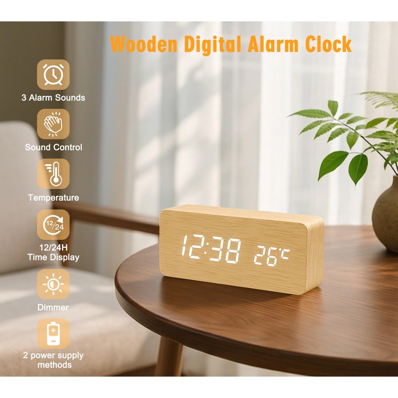 iTOMA Small Wooden Alarm Clock with 3 Alarms, Manual Dimmer,