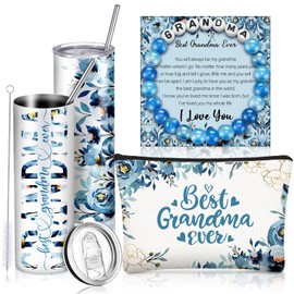 Geiserailie Birthday Gifts Set for Grandma, Christmas Best Grandma Ever Gift Basket from Granddaughter Grandson Grand Kids, Tumbler Bracelet Makeup Bag Set(Blue)