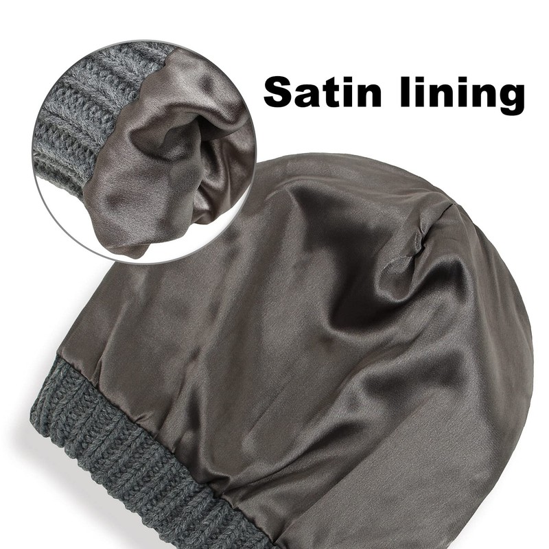 Camelliass Women Knitted Beanie Hat Satin Lined Winter Warm Cap