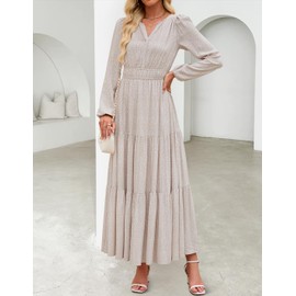 ZESICA Women's 2025 Fall Long Sleeve Maxi Dress Floral Print V Neck Empire Waist A Line Tiered Flowy Boho Party Dresses Beige Large