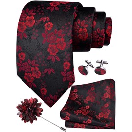 GUSLESON Mens Black Red Tie for Wedding Floral Silk Necktie Pocket Square Cufflinks and Lapel Pin Brooch Set (6107-09)