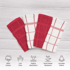 Mellow Buff 100% Cotton Terry Dish Cloth & Dish Towel (RED, Dish Towel - 4 Pack)