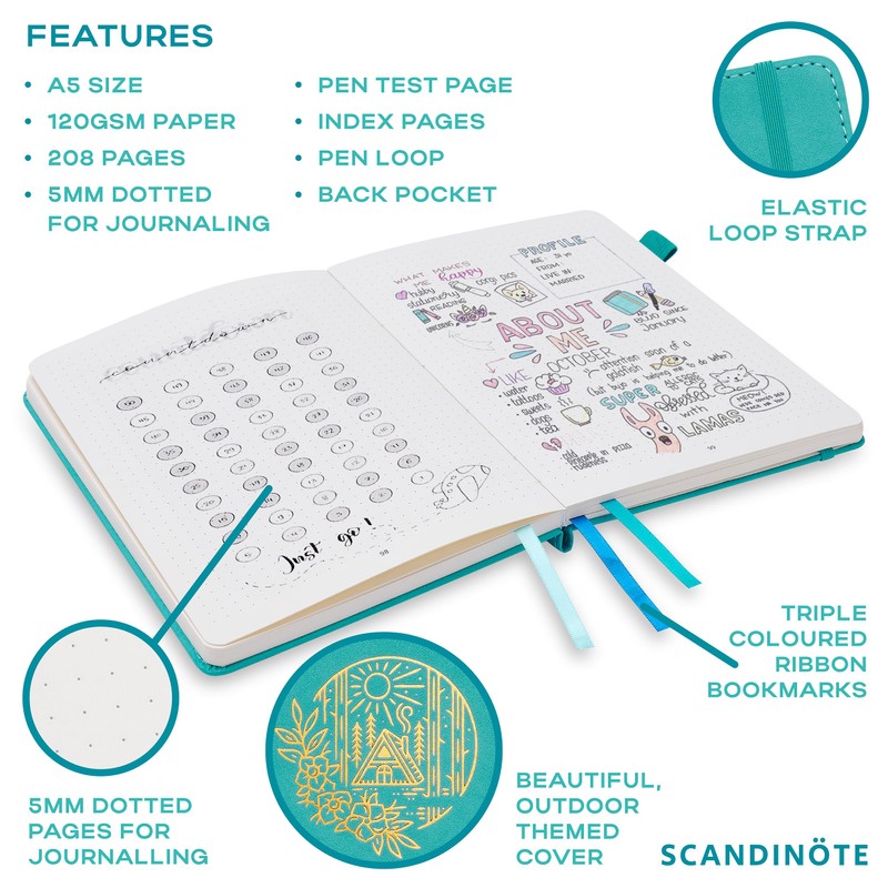 Scandinote A5 Bullet Dotted Journal - Teal, 208 Pages, 120gsm