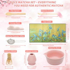 8 Pcs Matcha Set, Traditional Pink Matcha Kit with Matcha Whisk, Whisk Holder, Bowl, Scoop, Scoop Rest, Powder Sifter, Tea Spoon and Cloth Complete Bamboo & Ceramic Matcha Tea Set for Matcha Lovers