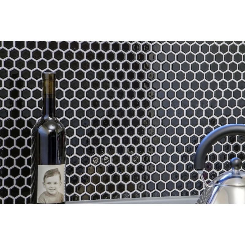 Mosaic Hexagon Plain Black Glossy Ceramic Mosaic, Mosaic Stone, Size: