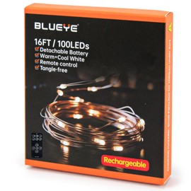 BLUEYE 16FT 100LEDs Rechargeable Fairy Lights,Remote Control,3 Off Timers,Detachable Battery Operated,Tangle-Free Camping String Light,Twinkle for Christmas,Party,Wedding(Cool+Warm White,1Pack)