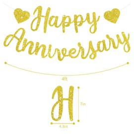 BEISHIDA Gold Happy Anniversary Banner, Pre-Strung - Gold Glitter Happy Anniversary Banner，NO DIY - Gold Glitter Happy Anniversary Garland, Gold Happy Anniversary Sign for Anniversary Wedding Party