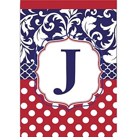 Monogram J Red White Polka Dot and Filigree Blue 18 x 13 Rectangular Applique Small Garden Flag