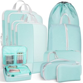Avmvnvc Suitcase Organiser Set, 10-Piece Packing Cubes for Clothes, Packing Cube Set with Compression, Suitcase Organiser Set with Cosmetic Bag, Travel Organiser for Backpack and Suitcase, Blue