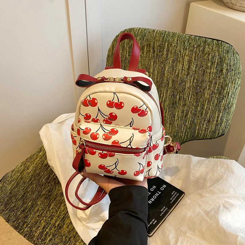 AnBlack Mini Court Backpack With Cherry Print,Stylish Daypack Purse Handbag