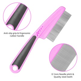 Flea Comb For Dogs & Cats Pet Comb Grooming Set 5 Pieces Metal Teeth Durable Remove Tear Stain Float Hair Combing tangled hair Dandruff Add Storage Pouch (pink)