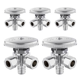(Pack of 5) Seelink Multi-Turn Dual Outlet Angle Stop Valve, 1/2" Pex Crimp F1807 Pipe Inlet x (3/8 inch x 3/8 inch) Compression Outlets, Chrome Plated Brass
