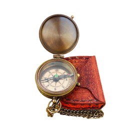 Antique Chain Compass for Hiking Nautical Brass Pocket with Engraved On Leather Case (May Your Faith)