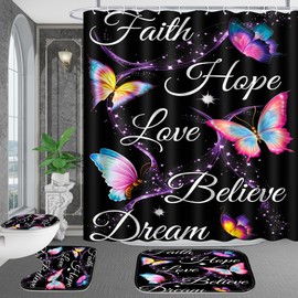 Poedist 4 Pcs Shower Curtain Set,Butterfly Bathroom Set, Flower Shower Curtain Sets with Rugs(Bath Mat,U Shape and Toilet Lid Cover Mat) and 12 Hooks