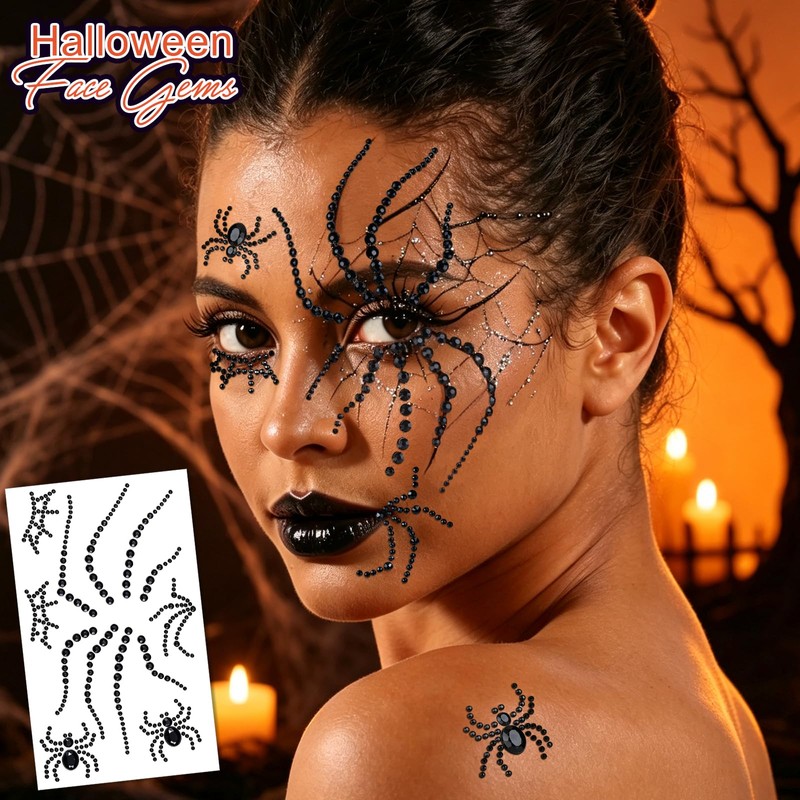 6Sheets Spider Face Gems Black Face Jewels for Women Halloween