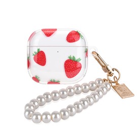 Cute Case Compatible for AirPods 4 Cover with Pearl Keychain, Strawberry Design for Women Protective Shockproof Soft TPU Skin Cover for AirPods 4th Generation (2024)
