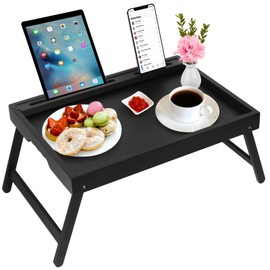 Bed Tray Table with Handles Folding Legs,Bamboo Breakfast Food Tray with Media Slot,Use As Platter,Laptop Desk,Snack,TV Tray Kitchen Serving Tray Black Large