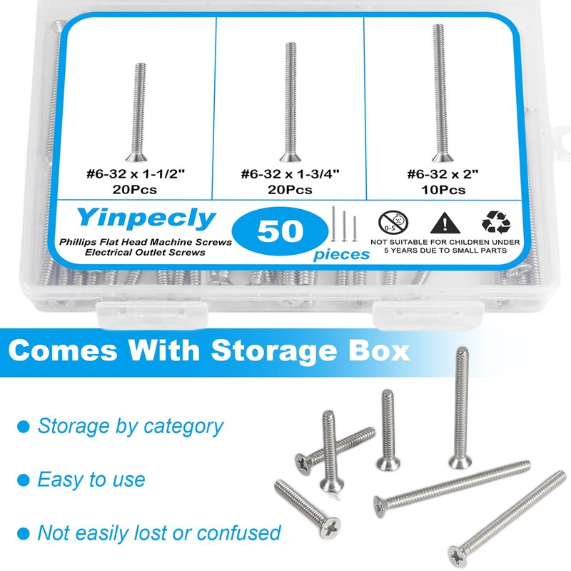 Yinpecly 50Pcs 6-32 Machine Screws, Extra Long Outlet Screws