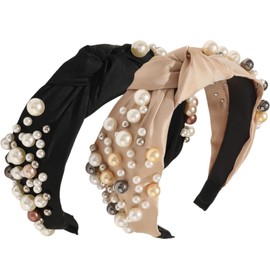 SHROMNYXIN Headbands for Women Pearl Headband Non Slip Bow Headbands Girls Jewelry Hairband Cute Knot Headband Rhinestone Crystal Beaded Bride Hair Accessories Black Khaki