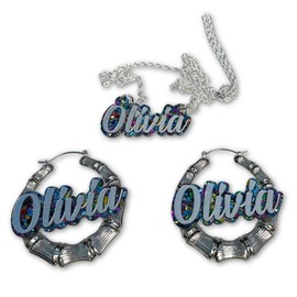 Custom Nameplate Jewelry Set | 2.5" Silver Bamboo Hoop Earrings | Nameplate Necklace | Laser-Cut Silver Script Letters | Multi-Color Glitter Background | Engravable Wood Gift Box | Crafted in CT, USA