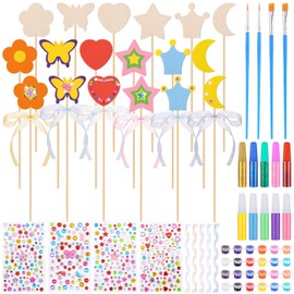 58 PCS Enchanted Fairy Wand Kit with 6 Styles Unfinished Magic Wooden Wand, Ribbons, Gem Stickers, Glitter, Luminous Paint Fantasy Princess Accessories DIY Fairy Kids Party Decorations Craft Set