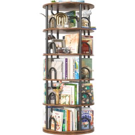 Aheaplus 5 Tier Rotating Bookshelf Tower, 360 Display Spinning Bookcase, Revolving Round Book Shelf Narrow Swivel Bookshelf, Vertical Turning Corner Book Organizer for Small Space, Rustic Brown