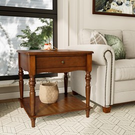 Large End Table with Drawer and Storage Shelf, Solid Wood Sofa Side Table, Slim Beside Table,Telephone for Small Spaces, Living Room, 22.8"L x 22.8"W x 24"H ,No-Tools Assembly,Caramel Brown CJZC008DR