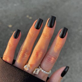 Black Press on Nails Short Medium Square Glue on Nails Set,Xcreando Summer Square Fake Nails Short Coffin Nails Press ons Gel Nails Medium Length False Nails For Women 24 Pcs