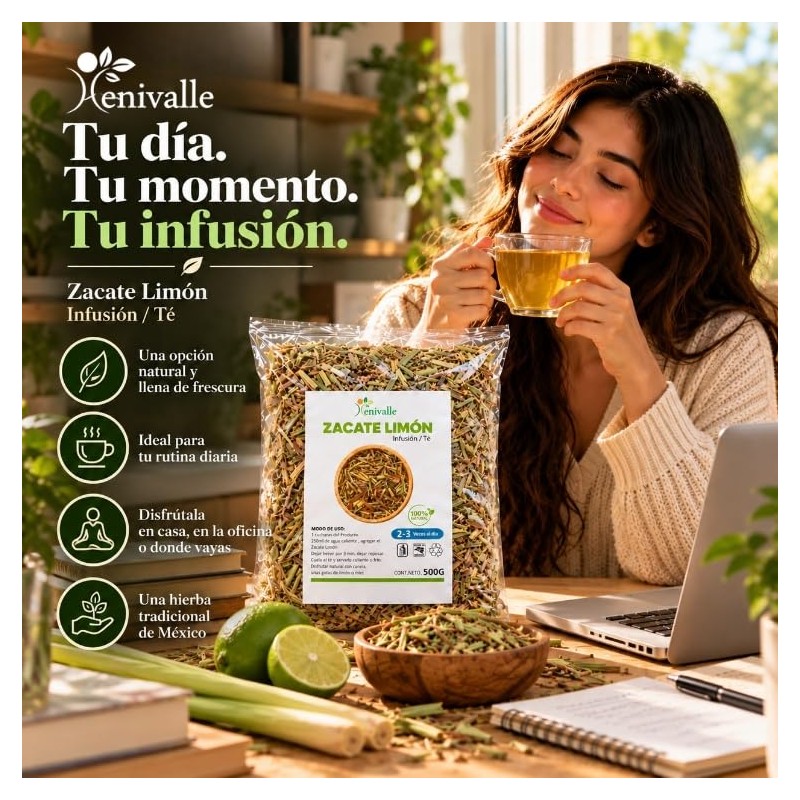 Xenivalle Zacate Limon 500g Natural para Infusiones, Ts, Mezclas Herbales